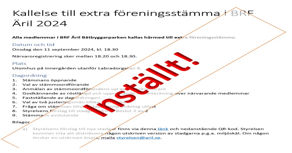 Extrastämman 11 september inställd!